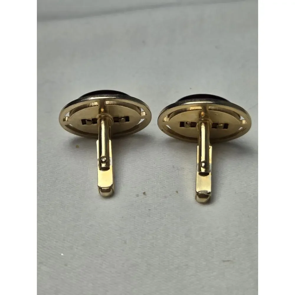 Anson Vintage Gold Tone‎ Red Cabochon Oval Bullet Back Cufflinks